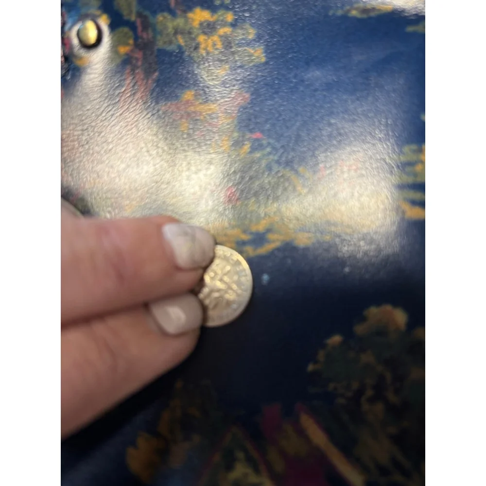 Patricia Nash Navy Tote with Brown Leather Handles and Scenic Gold & Pink Print - Picture 9 of 15